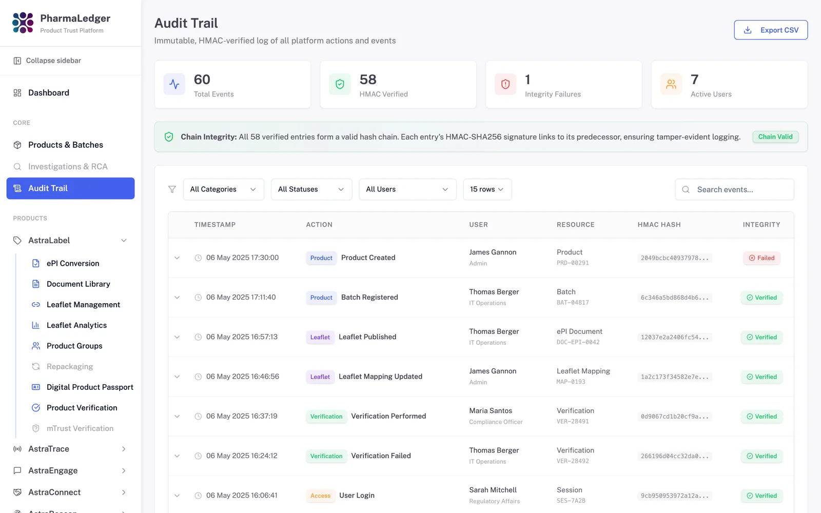 Audit Trail — screen from the Product Trust Platform