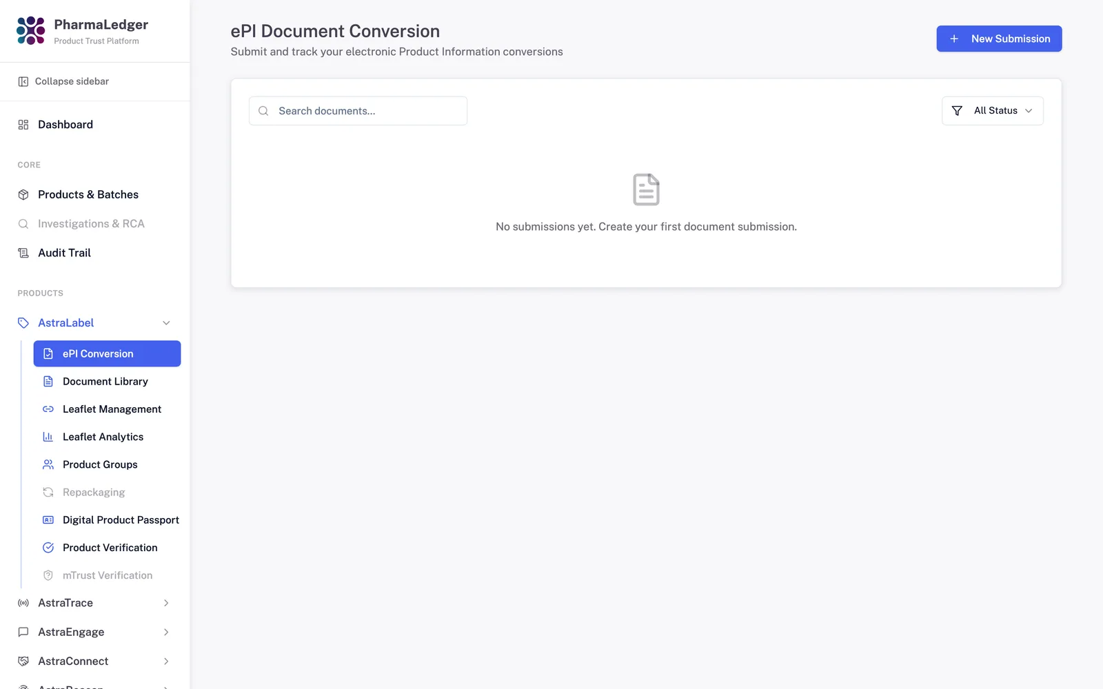 ePI Document Conversion — screen from the Product Trust Platform