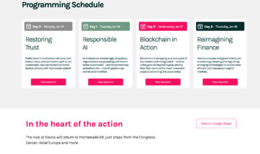 Digital trust, responsible AI, Blockchain in Action, Reimagining finance program schedule at The Hub Davos.